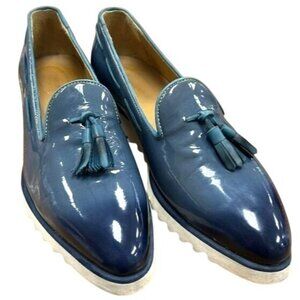 Luxurious Blue Patent Leather Slip-On Loafers With Tassels & Ridged Soles - Wome